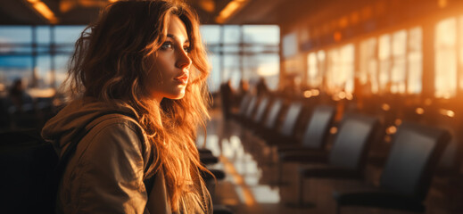 Portrait of a young girl queuing at the travelers check-in counter in the airport terminal, copy...