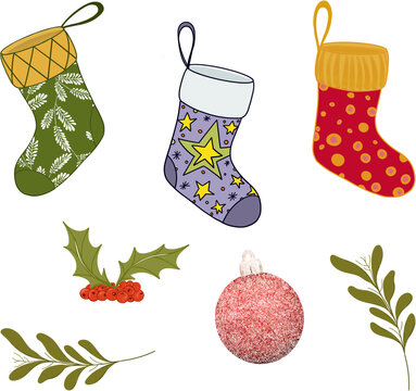 Christmas decoration elements. Christmas stockings, holly & berries, bauble and mistletoe sprigs. Red, yellow, green festive holiday season decor.