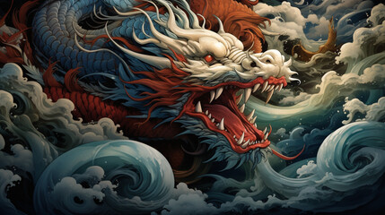 Chinese style traditional dragon illustration flying through the clouds. This dragon is famous in Chinese folklore and culture.