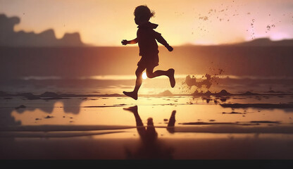 Silhouette of a child jumping and running at sunset in the beach