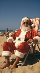 Fototapeta na wymiar Santa Claus sitting in chaise lounge on the beach and looking at camera.