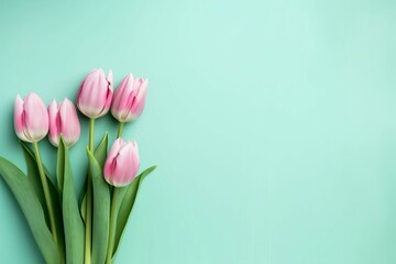 spring background, soft green, tulips on the side, space for text
