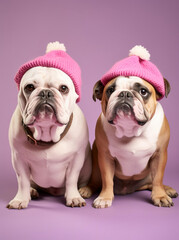 Two dogs in Santa Claus hats on a monochrome background
