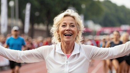 middle-aged woman with blonde hair exudes joy and accomplishment as she spreads her arms wide, crossing the finish line. Her beaming smile and energetic posture embody success