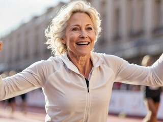 A jubilant middle-aged white woman with blonde hair exuberantly spreads her arms as she crosses the finish line, her face alight with joy and accomplishment