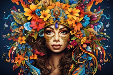 Fototapeta premium A woman wearing an ornate and intricate carnival headdress consisting of many flowers of different colors