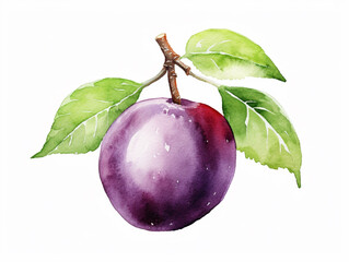 Plums with Leaves. Watercolour Illustration of Ripe Mirabelle or Damson Plum Isolated on White.