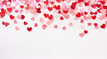 A collection of pink and red heart-shaped confetti scattered, valentine's day symbols, Valentine’s Day, white background, with copy space - Powered by Adobe