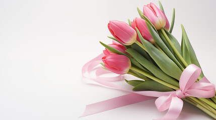 A bouquet of pink tulips tied with a red ribbon, valentine's day symbols, Valentine’s Day, white background, with copy space