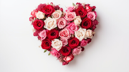 A heart-shaped wreath made of red and pink roses, valentine's day symbols, Valentine’s Day, white...