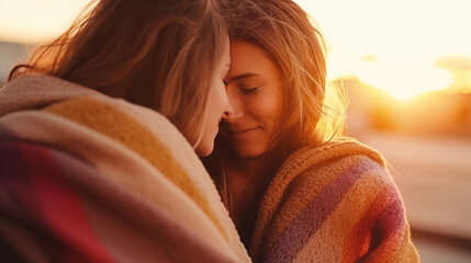 A lesbian couple cuddling under a blanket, watching the sunset, happy LGBT couple, Valentine’s Day, bokeh, with copy space