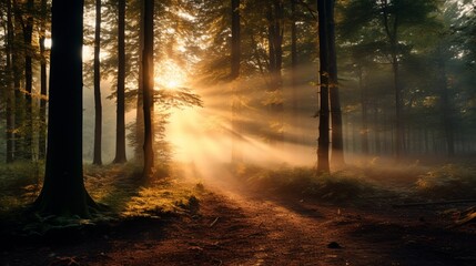 a forest at dawn, with mist hovering over the ground and the first rays of sunlight casting a warm...