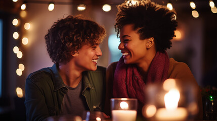 A couple laughing together over a candlelit dinner, happy LGBT couple, Valentine’s Day, bokeh, with copy space