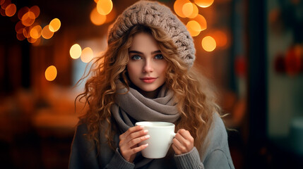 portrait of a beautiful woman in a scarf and hat with a cup of coffee