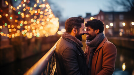 Obraz premium Two men sharing a romantic moment on a bridge at dusk, happy LGBT couple, Valentine’s Day, bokeh, with copy space