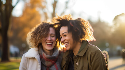 A transgender couple enjoying a moment of laughter in a park, happy LGBT couple, Valentine’s Day, bokeh, with copy space