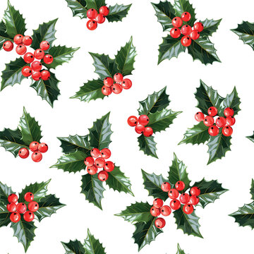 Christmas pattern. Christmas bright seamless vector pattern. Holly flowers and leaves, berries. Festive New Year's decoration.