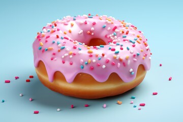 Placed on a blue backdrop, a sweet pink glazed donut is covered in sprinkles and glazed with delectable pink cream.