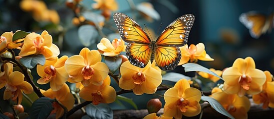 Beautiful yellow butterflies pollinate orchid flowers - obrazy, fototapety, plakaty