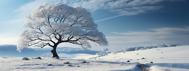 slowing down, good moments,  slow life, real moments, relax concept. beautiful tree on nature among the snow. banner