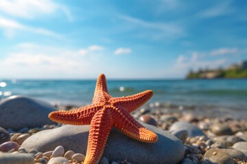 Fototapeta na wymiar Orange Starfish Resting on Sandy Beach Rock