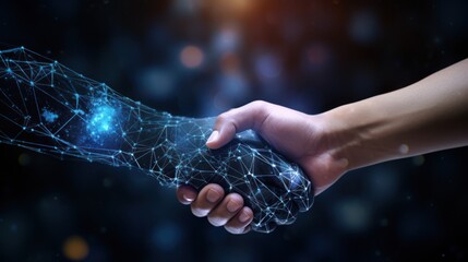 Human shaking hand with next generation Artificial intelligence hand. Generative AI - obrazy, fototapety, plakaty