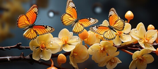 Beautiful yellow butterflies pollinate orchid flowers - obrazy, fototapety, plakaty