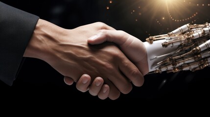 Human shaking hand with next generation Artificial intelligence hand. Generative AI