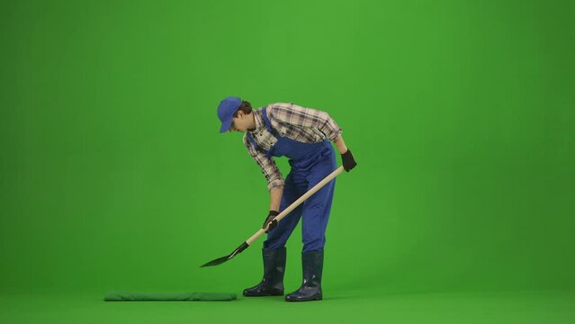 Portrait of male in overalls and rubber boots on chroma key green screen. Man gardener digging a hole in the ground with shovel, throwing the soil.