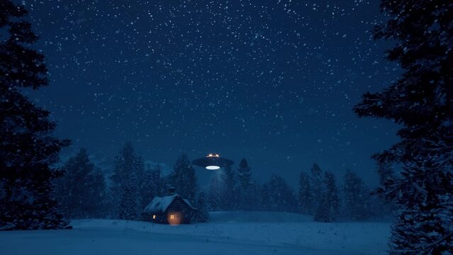 An unidentified flying object slowly flies over the night forest in winter against the backdrop of falling snow. 3D animation.