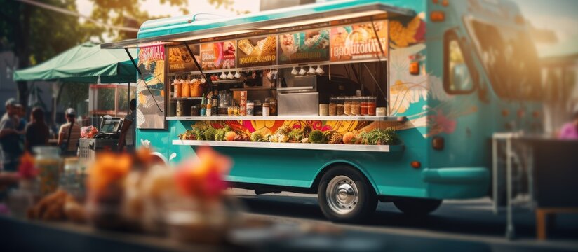 Naklejki Blurred background of food truck