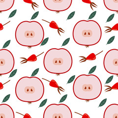 Seamless vector fruit pattern red apples and rosehip berries 5