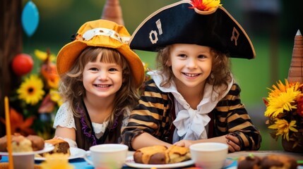 Two little girls wearing pirate hats sitting at a table