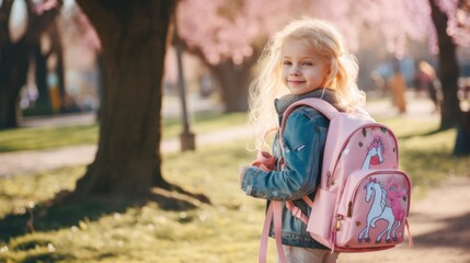 Fototapeta premium A little girl with a pink backpack standing in the grass
