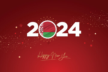 Colorful Happy New Year Festival Design Banner, New Year 2024 Logo with Belarus Flag on Red-Maroon Confetti and star Background, Calendar 2024, Social Media New Year Banner, Post Card, Greetings