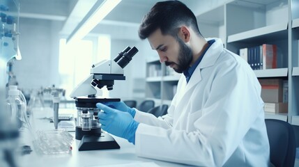 a scientist researcher using a microscope in the laboratory