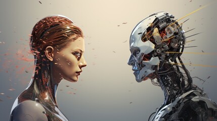 Human and Artificial Intelligence robot looking at each other. Generative AI