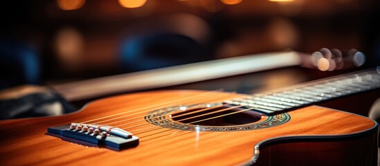 Close up of an acoustic guitar played by a professional musician, copy space background - obrazy, fototapety, plakaty