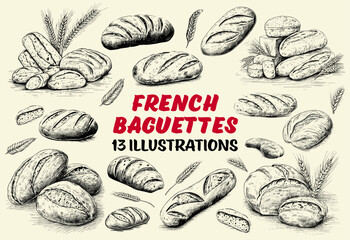 Collection of drawn french baguettes. Sketch illustration	