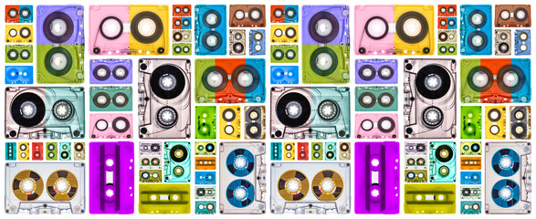 Colorful cassette tapes collage in knolling pattern, view from above