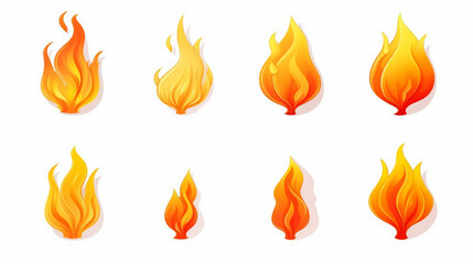 Dynamic 3D Fire Flame Icons Set Isolated on White Background - Illustrative Collection of Blazing Symbols for Energy, Heatwave, and Combustion Concepts.