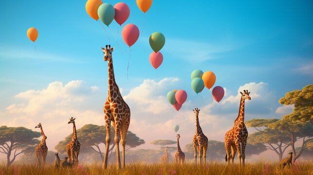 A herd of giraffes stretching their long necks to reach colorful balloons on the savannah.