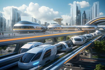 Futuristic transportation hub with magnetic levitation. - obrazy, fototapety, plakaty