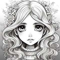 black and white line drawing, coloring book style, Cute and adorable girl, long hair, Big eyes, Divine, Soft and bright Lighting, Enchanted