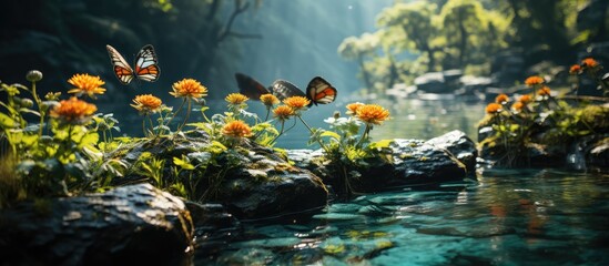 Butterflies on flowering plants with mountain background.sharp look