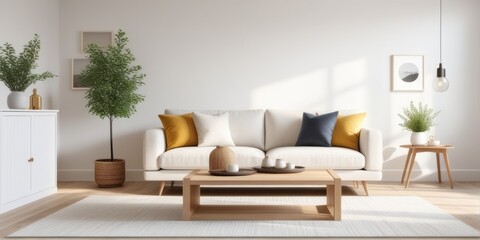 Fototapeta na wymiar Interior design photo frame mock-up living room minimalist cozy Scandinavian style. sofa, tropical plant, pillows, blanket and lamp