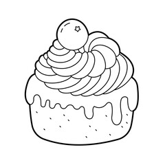 Cupcake with whipped cream and berries. Design element. Black and white outline illustration for coloring book