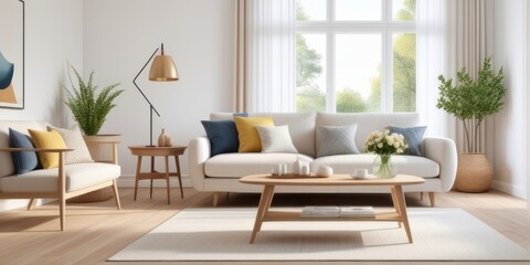 Interior design photo frame mock-up living room minimalist cozy Scandinavian style. sofa, tropical plant, pillows, blanket and lamp