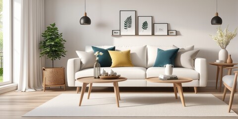 Interior design photo frame mock-up living room minimalist cozy Scandinavian style. sofa, tropical plant, pillows, blanket and lamp