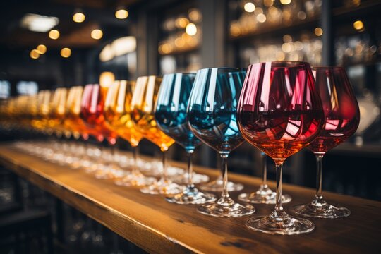 On the bar counter, a display of beautiful glasses arranged in rows, ready for a sophisticated tasting experience with various wines and drinks.
